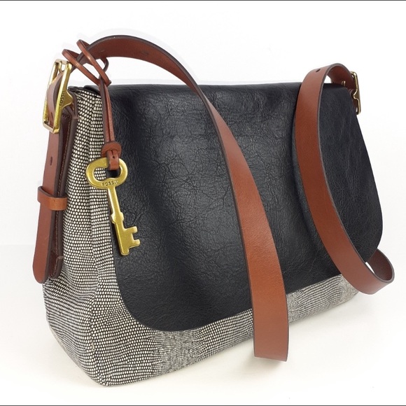 Fossil Harper Large Leather Flap Crossbody Mixed Media Print Minimalist - Picture 2 of 9